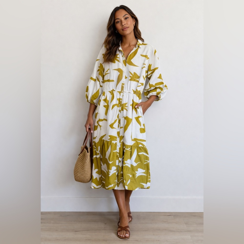 NAOO Ivory and Mustard Patterned Women's Dress Size XL